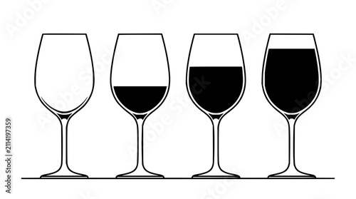Wine glasses set with four identical stemware in a row featuring clear crystal, red wine, white wine, and champagne glasses with elegant stems and bases
