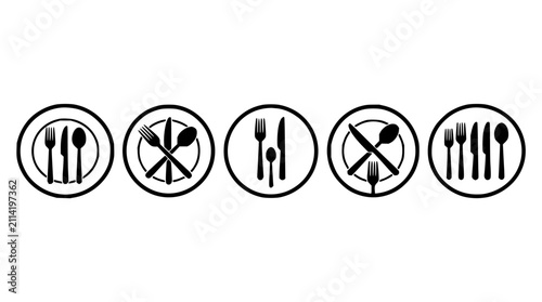 Utensil icons set with flat design kitchen tools featuring spoons, forks, knives, and spatulas with chopsticks and ladles