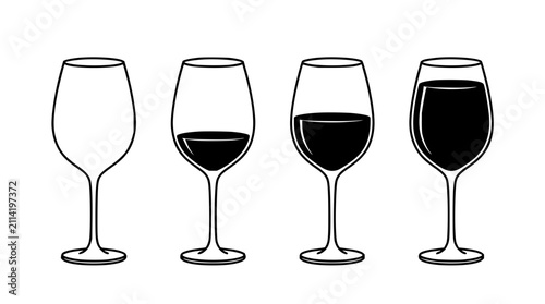 Wine glasses set with four stemmed glasses in row featuring red white and sparkling wine with elegant design and reflections