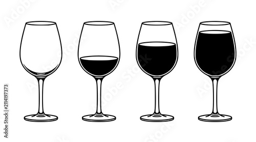 Wine glasses set in row featuring stemware with red wine and white wine glasses and sparkling crystal
