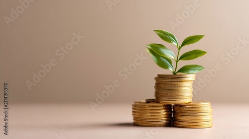 Growing Plant on Stacks of Gold Coins as a Symbol of Investment Growth, Wealth Building and Financial Success