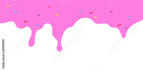 pink wavy liquid melting on white background. melting paint corner element. pink cute slime. cartoon style melted flowing strawberry cream. pink colored abstract dripping pattern. candy illustration.