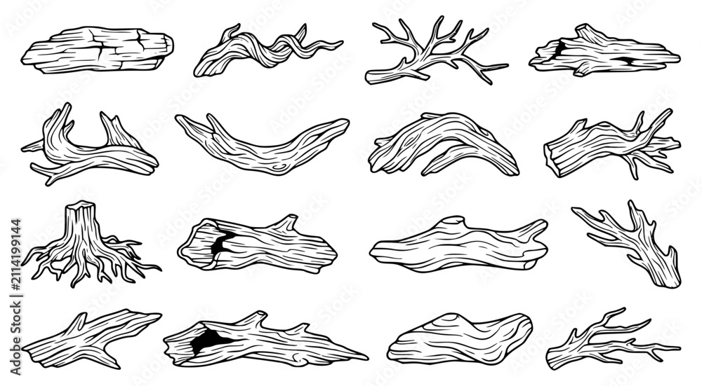 Obraz premium Set of hand drawn wooden logs and fallen tree branches for nature illustrations and woodland forest design elements in black and white line art