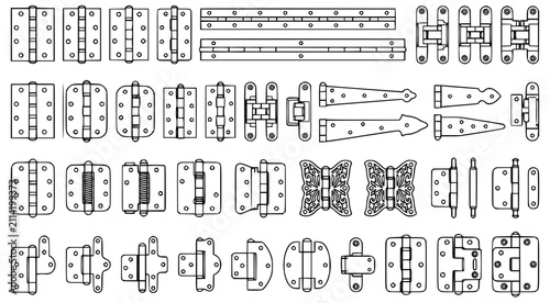 Quadro su tela Set of thirty six various metal door hinges in black and white line art vector f