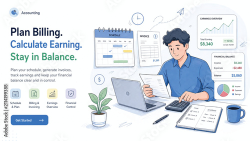 Professional accountant planning billing and calculating earnings on laptop.