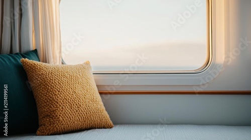 Window seat on houseboat with sunlight and fluffy cushions