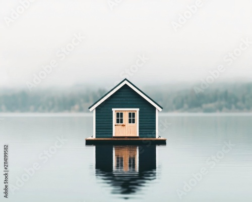Small cozy home floating on river with soft textures