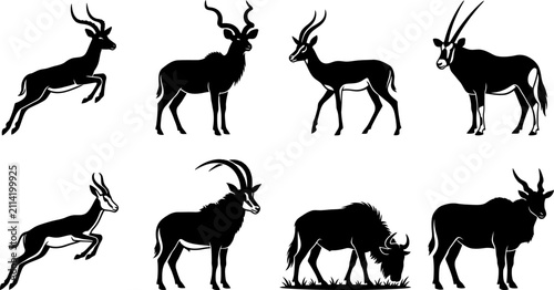 Canvas Print Set of black silhouette antelopes, gazelles, and wild horned animals vector icon