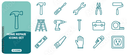 Set of 15 teal line icons for home repair, featuring tools like a hammer, screwdriver, wrench, drill, ladder, saw, and electrical outlet on white
