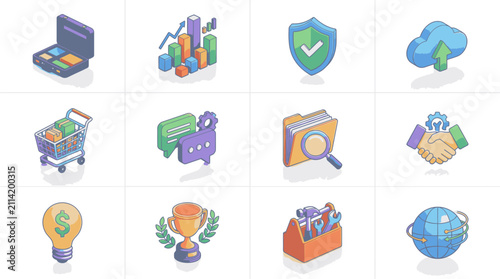 Colorful flat design icons for business and technology concepts.