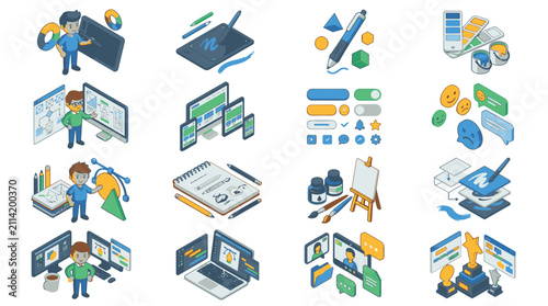 Colorful flat design icons for digital and creative work.