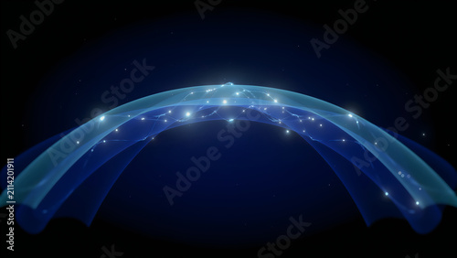 Abstract glowing blue arched light waves connecting digital particles against dark space background