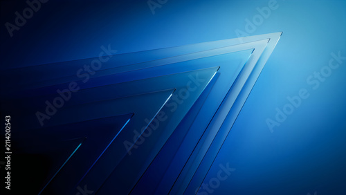Abstract geometric layers forming pointing arrows against smooth deep blue gradient background