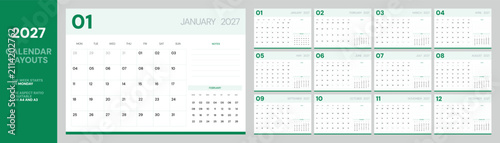 Fotografía Minimal green 2027 monthly calendar template with notes section, Monday week sta