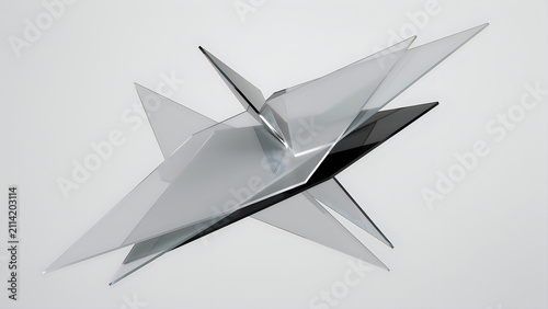 Abstract geometric glass structure floating against minimalist white background for modern digital