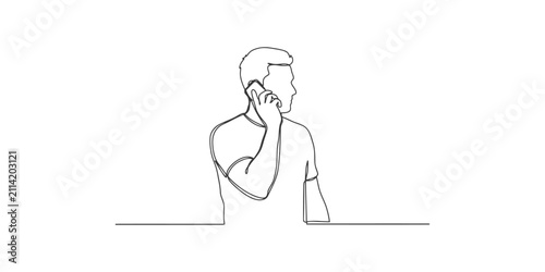 Continuous line drawing of a young man talking on a mobile phone