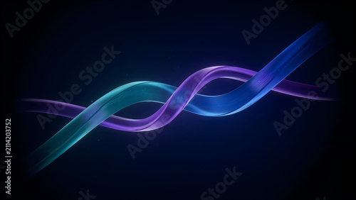 Abstract digital waveform intertwined glowing neon ribbons against dark background