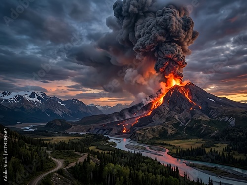 Dramatic volcanic eruption at twilight over snowy mountain.