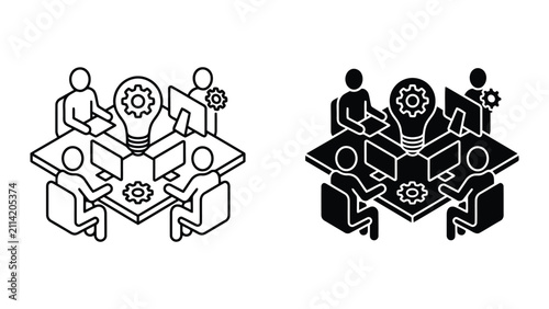 Creative team brainstorming ideas gear icon set outline and solid with creative