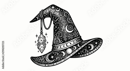 Foto Black and white tattoo illustration of a mystical witch hat featuring celestial moon and star patterns, a hanging crystal pendant, and occult symbols on a white background
