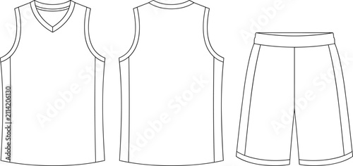 Blank basketball uniform technical flat sketch featuring jersey and shorts vector template