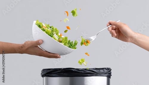 Hands discard fresh salad into a trash bin, food waste concept