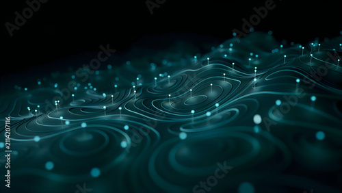 Abstract digital landscape with undulating topographic contour lines against black background