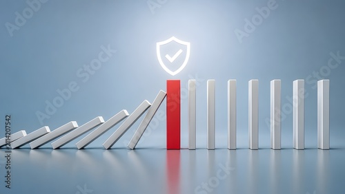 Corporate risk management and business continuity concept with glowing shield icon stopping falling white domino pieces