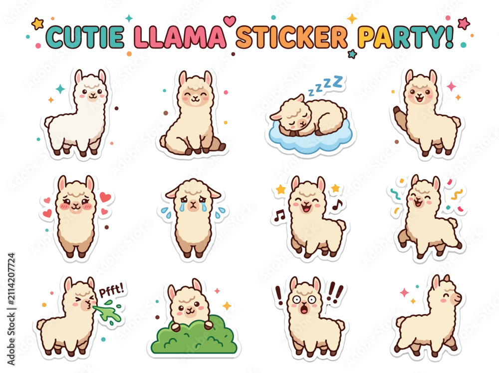 Fototapeta premium A sticker sheet featuring twelve unique illustrations of cartoon llamas in various poses and expressions