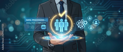 Professional holding a digital interface showcasing ai data processing and analytics symbols highlighting technology and innovation in today's corporate landscape.