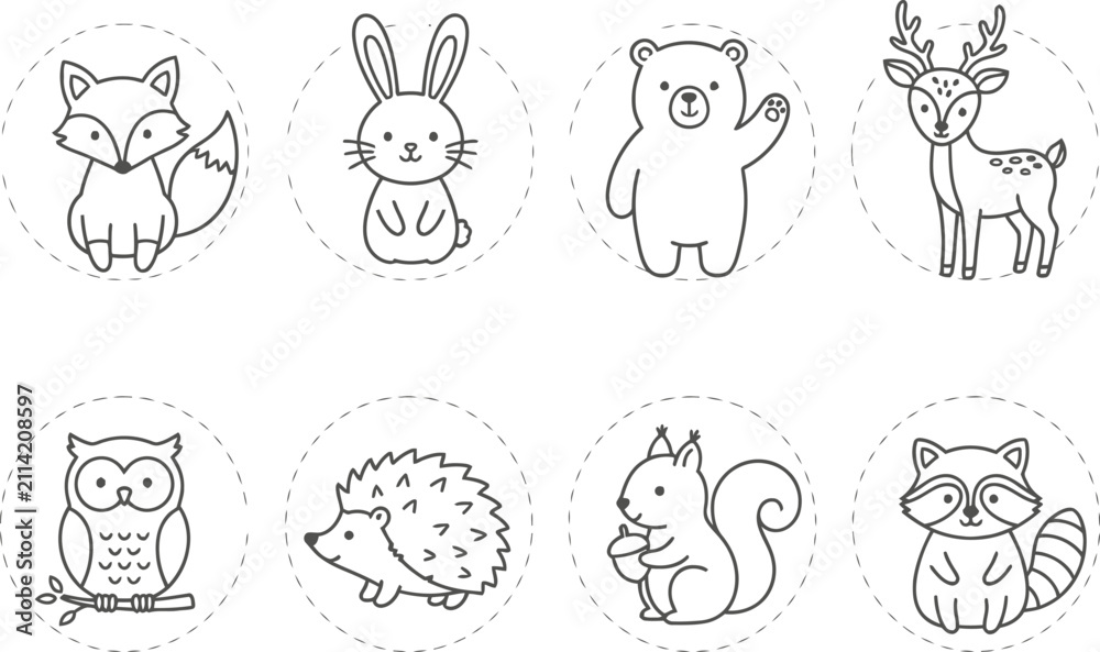 Obraz premium Cute woodland animal icons. Hand drawn forest creatures set for nursery design.