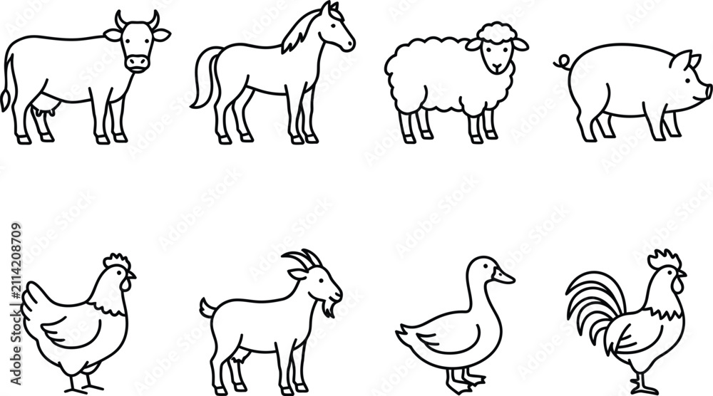 Fototapeta premium Set of hand drawn farm animals. Cute livestock icons for kids education and design.