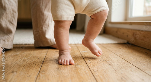 Toddler Taking First Steps on Wooden Floor with Adult Nearby
