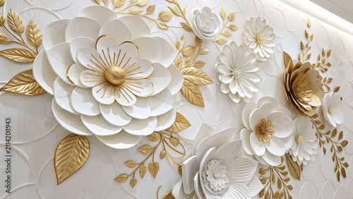 Ornate white and golden flower pattern wall relief art