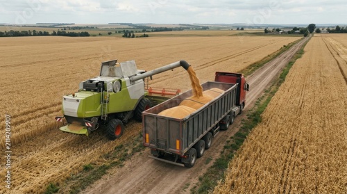 Combine Harvester Unloading Wheat Grain Into Truck Trailer During Harvest.