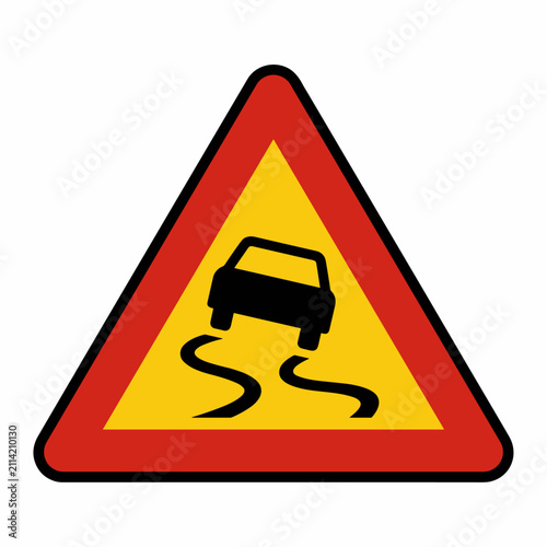 A triangular warning road sign with a red border and yellow background, depicting a black car skidding on a wavy line, indicating slippery road conditions ahead.