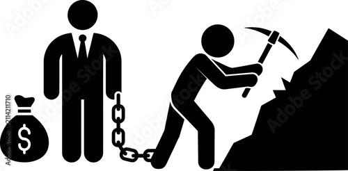 Obraz na płótnie Businessman exploiting miner with money bag and chains