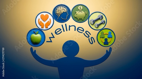 Holistic life balance concept featuring wellness icons held by abstract human figure silhouette graphic design