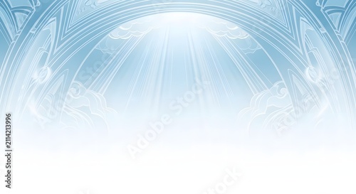 Heavenly gate with bright light shining through white clouds