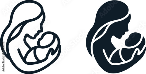 Mother holding baby icon set. Minimalist maternal love symbol for parenting design.