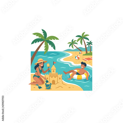 A woman building a sandcastle while a man floats on a tube in the ocean.