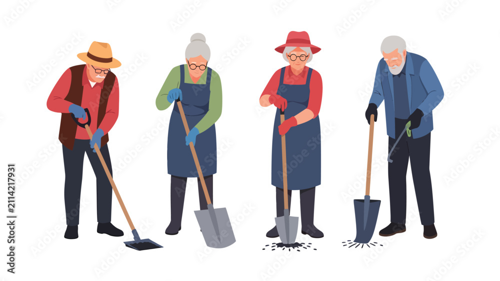 Obraz premium Elderly people gardening, digging, and raking in a flat vector illustration style.