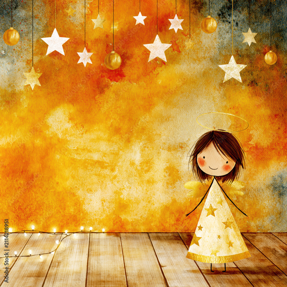 Obraz premium Cute Christmas Angel Watercolor Background – AI Generative