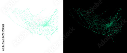 Foto Ethereal green spider web on black and white backgrounds, delicate cobweb silk t