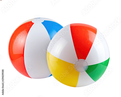 Canvastavla Inflatable beach balls with red yellow blue and green panels on transparent back