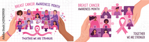Diverse group of women forming a puzzle for breast cancer awareness month campaign and community support illustration