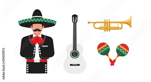 Bild auf Leinwand Mexican Mariachi Musician and Musical Instruments Set