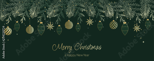 Merry Christmas and Happy New Year! A luxurious vector banner design featuring golden Christmas ornaments, hanging balls, tree branches, stars, and snow sparkles on a dark green background.