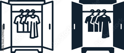 Open wardrobe icon set. Closet with hanging clothes symbols for interior design.