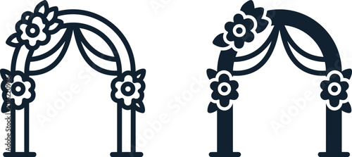 Wedding arch icons with floral decor. Decorative marriage ceremony gate vector symbols.